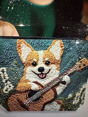 Cute Corgi Guitar Embroidered look Cosmetic Bag